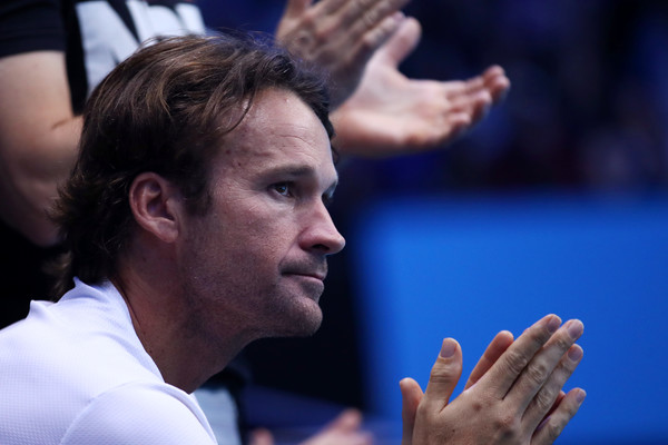 Carlos Moya looks on during one of Raonic's matches at the ATP World Tour Finals. Photo: Julian Finney/Getty Images