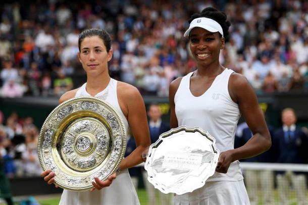 Garbine Muguruza (left) and Venus Williams pose with their trophies after their Wimbledon final clash last month. Photo: Shaun Botterill/Getty Images