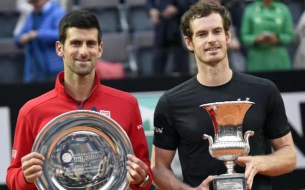 Murray (right) and Djokovic following the Scot's win in Rome earlier this year. Photo: EPA