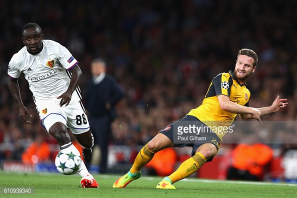 Shkodran Mustafi of Arsenal battles for the ball with Seydou Doumbia of Basel. Source - Getty Images.