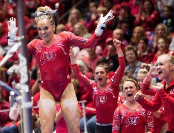 MyKayla Skinner celebrates after uneven bars for Utah against UCLA in Salt Lake City/Utah Athletics