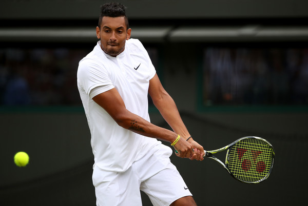 Kyrgios in action against Feliciano Lopez on Middle Sunday of Wimbledon (Photo by Clive Brunskill / Source : Getty Images)
