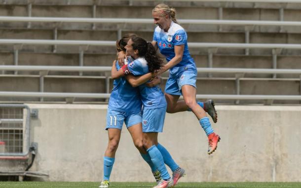 Sofia Huerta and Christen Press hugging it out after Huerta asasisted Press in the Red Stars win over Seattle l Source: Chicagoredstars.com