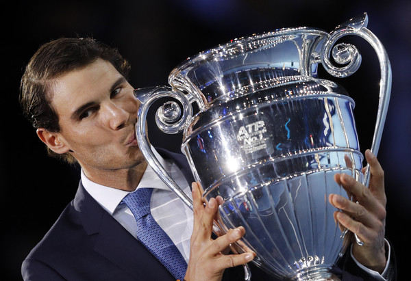 Rafael Nadal finished 2017 as the number one player in the world, receiving his trophy at the ATP Finals in London. Photo: Adrian Dennis/AFP