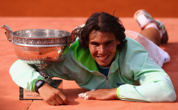Rafael Nadal after winning the 2010 French Open, the year he was undefeated on clay. Photo: Julian Finney/Getty Images