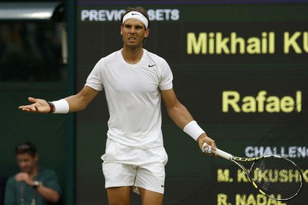 Nadal shows some frustration during his first round match at Wimbledon in 2015. Photo: Reuters