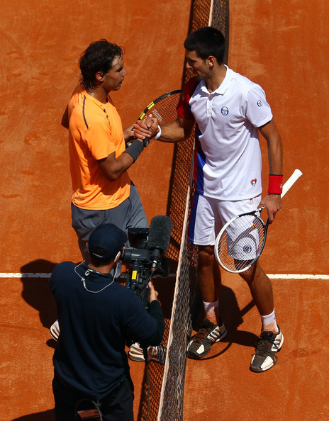 Nadal (left) and Djokovic shake hands after their 2012 final in Rome. Photo: Julian Finney/Getty Images
