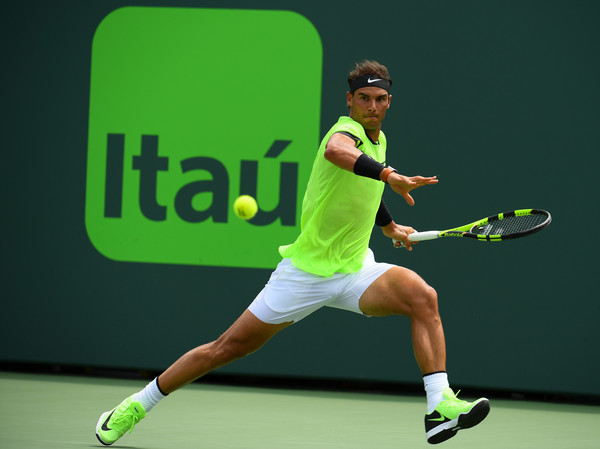 Rafael Nadal chases down a forehand during the final. Photo: Rob Foldy/Getty Images