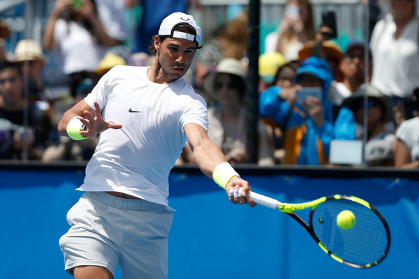 Rafael Nadal hits his legendary forehand in practice. Photo: Zak Kaczmarek/Getty Images