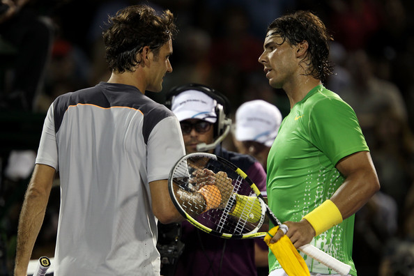 Nadal (right) and Federer shake hands after the Spaniard's Miami semifinal win in 2011. Photo: Clive Brunskill/Getty Images