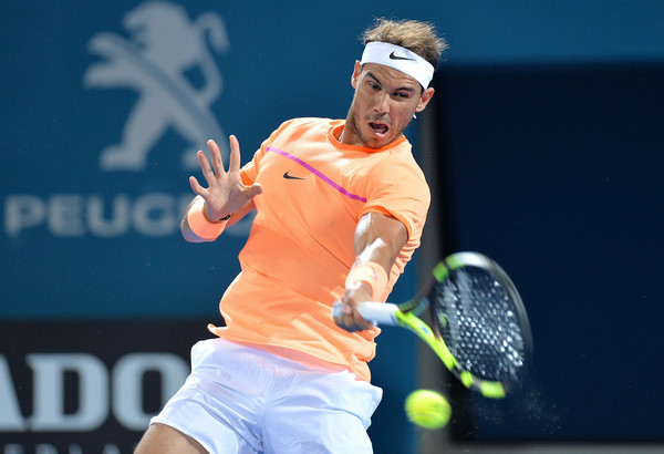 Rafael Nadal crushes a forehand during his quarterfinal loss. Photo: Bradley Kanaris/Getty Images