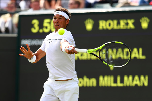 Rafael Nadal rips a forehand during his opening-round win. Photo: Michael Steele/Getty Images