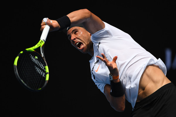 Nadal unleashes a serve during his victory on Tuesday. Photo: Quinn Rooney/Getty Images