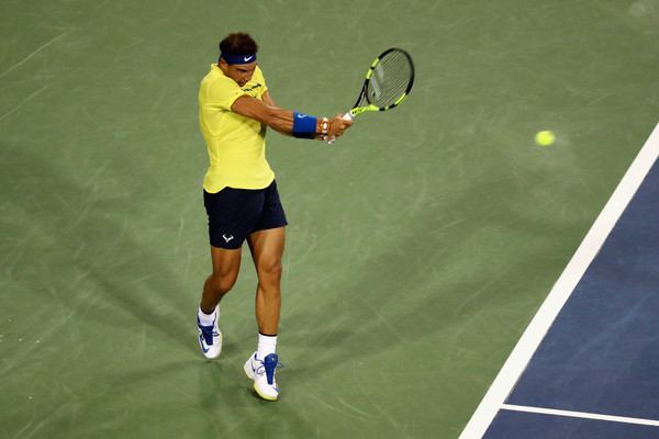Nadal rips a backhand during his second round win. Photo: Matthew Stockman/Getty Images