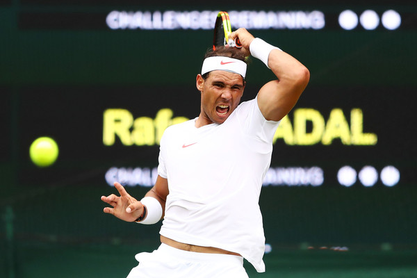 Rafael Nadal unleashes a forehand on Centre Court against Kukushkin. Photo: Michael Steele/Getty Images