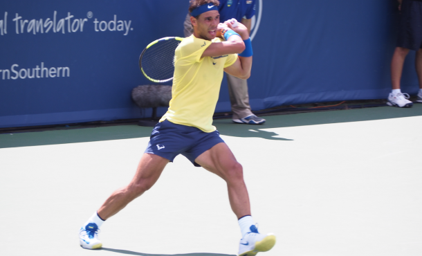 Nadal cracks a backhand during his win over Ramos-Vinolas. Photo: Noel Alberto