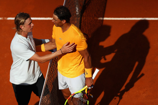 Nadal (right) and Shapovalov shake hands after their third round meeting. Photo: Dean Mouhtaropoulos/Getty Images