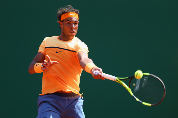 Rafael Nadal strikes a forehand during his quarterfinal win. Photo: Michael Steele/Getty Images