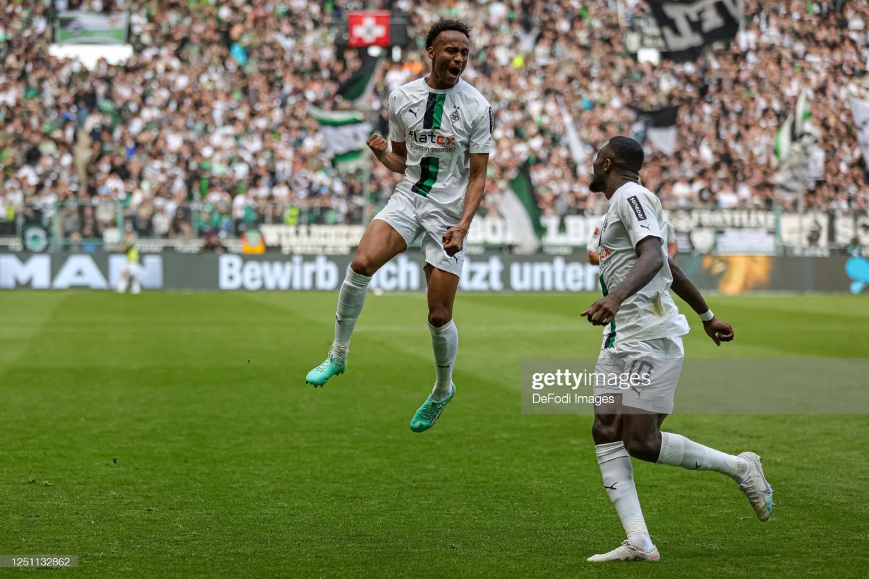 Nathan Ngoumou celebrates his goal in Gladbach's 2-0 win over Wolfsburg PHOTO CREDIT: DeFodi Images
