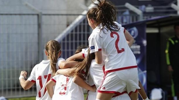 Spain celebrate the winning goal in their game. | Image credit: Sportsfile UEFA