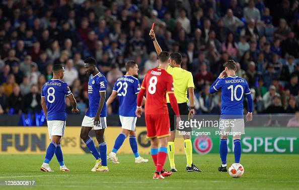 Wilfred Ndidi will be suspended for the Europa League fixture after receiving a red card against Napoli | Mike Egerton - PA Images | Getty Images