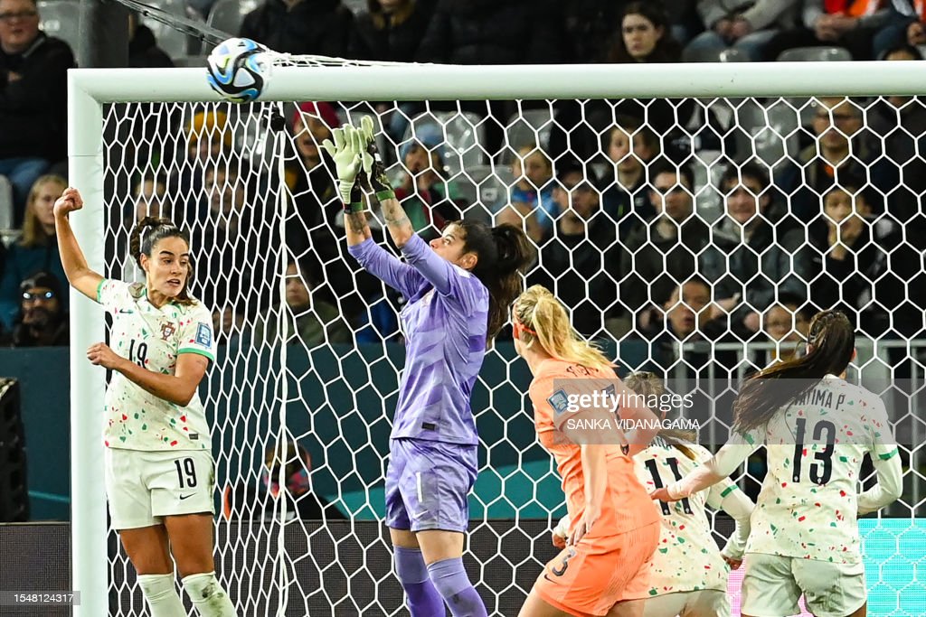 Portugal's goalkeeper #01 Ines Pereira (2nd L) makes a save during the Australia and New Zealand 2023 Women's World Cup Group E football match between the Netherlands and Portugal at Dunedin Stadium in Dunedin on July 23, 2023. (Photo by Sanka Vidanagama / AFP) (Photo by SANKA VIDANAGAMA/AFP via Getty Images)