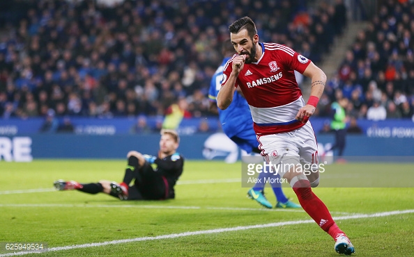 Alvaro Negredo celebrates his second goal during Boro's 2-2 draw with Leicester City | Photo: Getty Images/ Alex Morton