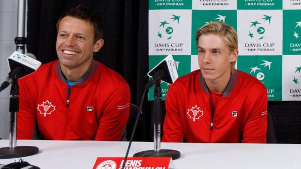 Daniel Nestor (left) has carried Canadian tennis since the early 1990s. Now it's Denis Shapovalov's (right) turn. The pair are seen here in a Davis Cup press conference. Photo: Jason Franson/Canadian Press