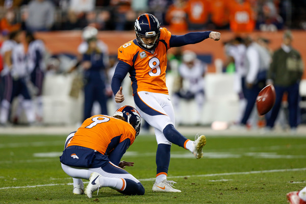 Kicker Brandon McManus #8 of the Denver Broncos kicks a first quarter field goal against the New England Patriots. |Source: Justin Edmonds/Getty Images North America|