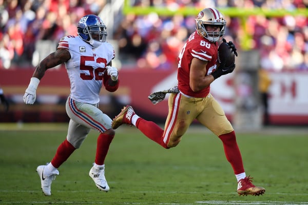 Garrett Celek #88 of the San Francisco 49ers makes a catch on way to a 47-yard touchdown against the New York Giants. |Source: Thearon W. Henderson/Getty Images North America|