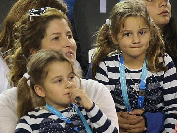 Mirka and her two daughters look on from Federer's player box at the Australian Open. Credit: News Corp Australia