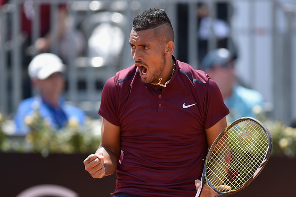 Nick Kyrgios celebrates after winning a point against Salvatore Caruso during their first round match at the 2016 Internazionali BNL d'Italia.