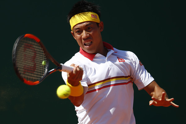 Kei Nishikori strikes a forehand during his Monte Carlo final, the Japanese's first final in over a year. Photo: Julian Finney/Getty Images