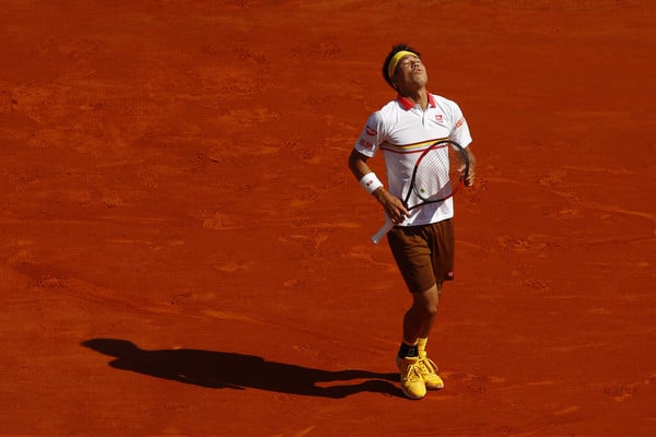 Nishikori reacts to losing a point during the Monte Carlo final. Photo: Julian Finney/Getty Images