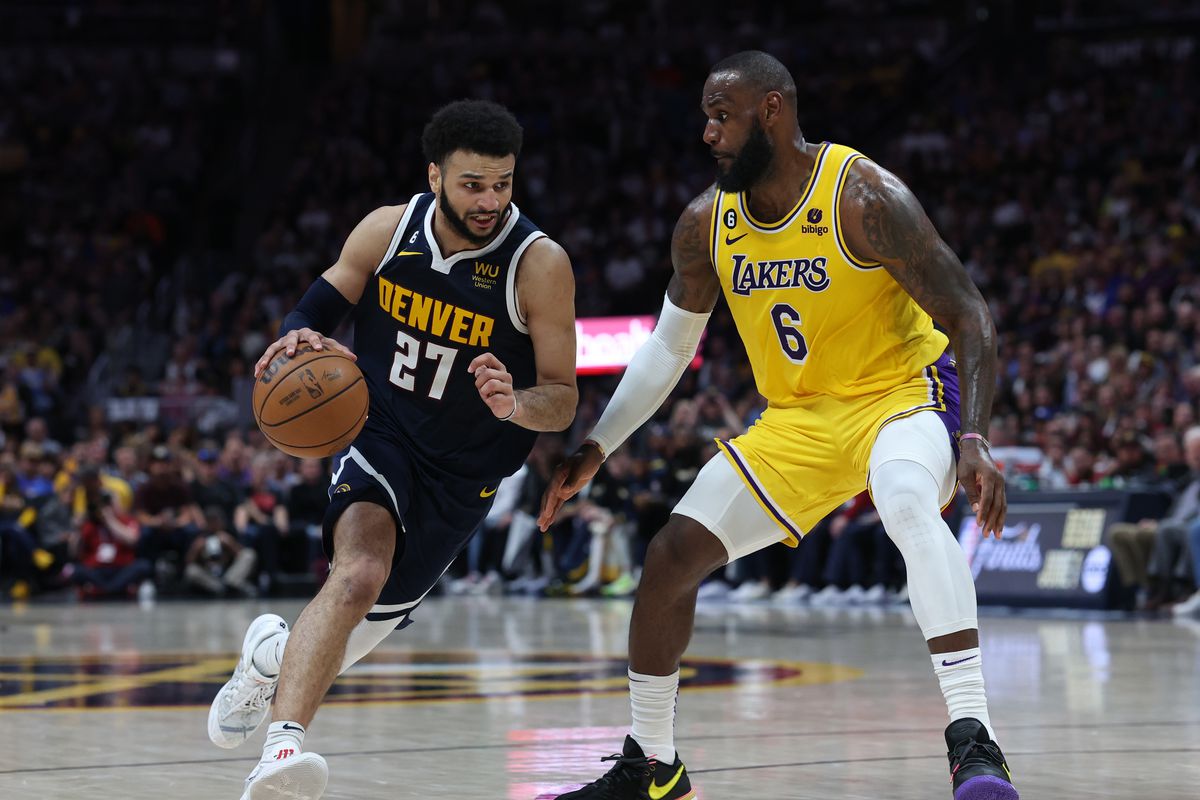 Jamal Murray (left) guarded by LeBron James (right) - image obtained via Silver Screen and Roll 