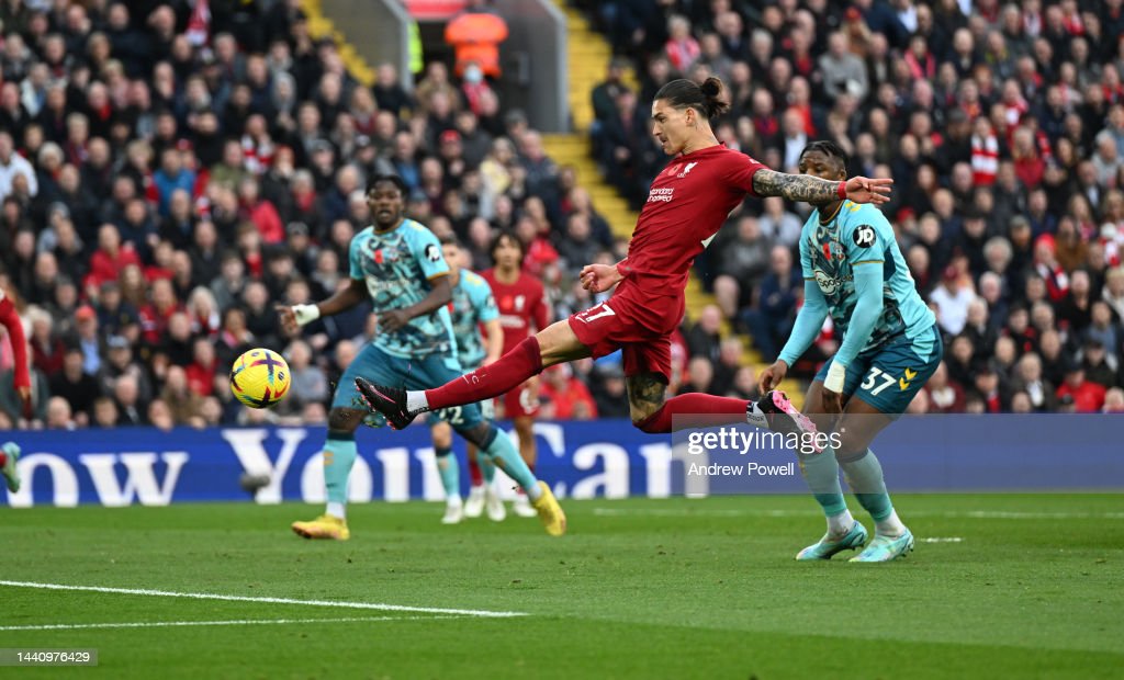 Darwin Nunez scores his first goal of the game against Southampton in November (Photo by Andrew Powell/Liverpool FC via Getty Images)