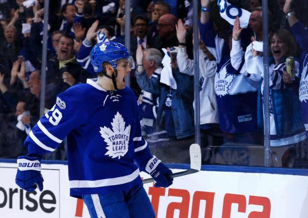 William Nylander celebrates his game-tying goal. Photo: Kevin Sousa/Getty Images