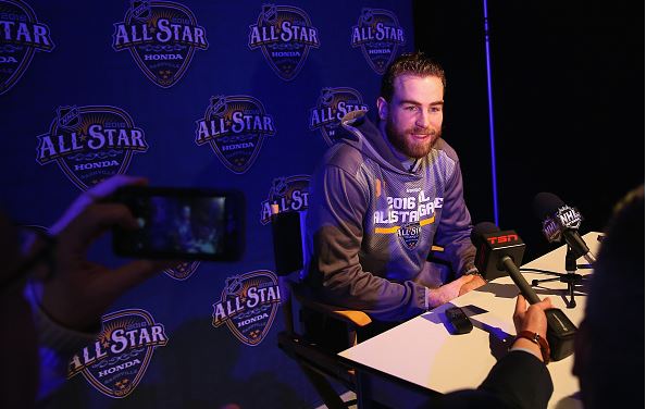 Ryan O'Reilly #90 of the Buffalo Sabres speaks during Media Day for the 2016 NHL All-Star Game at Bridgestone Arena on January 29, 2016 in Nashville, Tennessee. (Photo by Bruce Bennett/Getty Images