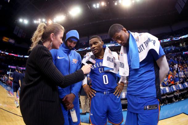 Carmelo, Westbrook y George antienden a los medios tras su victoria frente a Knicks | Foto: NBA