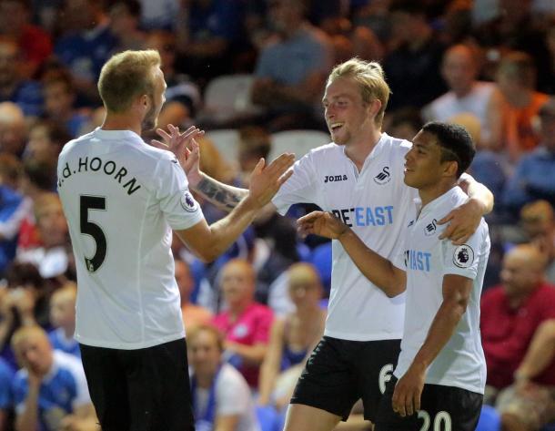 McBurnie celebrates what was a memorable debut. | Image credit: Swansea City