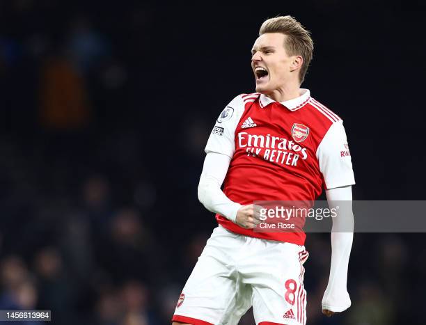 Odegaard celebrates his goal in the North London Derby (Photo by Clive Rose/Getty Images)