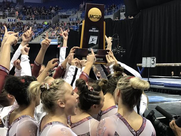 The Oklahoma Sooners celebrate their second straight national championship. Photo Credit: Oklahoma Sooner's Women's Gymnastics Twitter