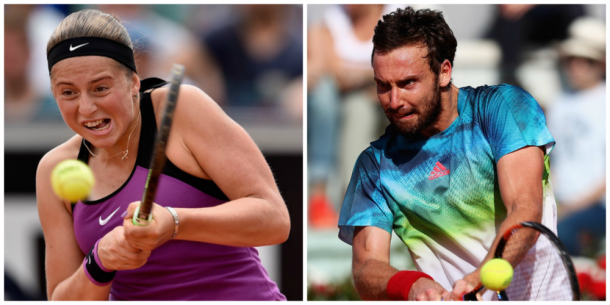 Jelena Ostapenko (left) and Ernests Gulbis hit backhands at the 2016 Internazionali BNL d'Italia. | Photos: Dennis Grombkowski/Getty Images Europe; Matthew Lewis/Getty Images Europe