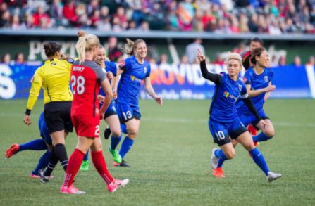 Jess Fishlock celebrates after scoring inside the first minute of the game in the first meeting of the season between Seattle and Portland | Diego Diaz - Icon Sportswire via Getty Images