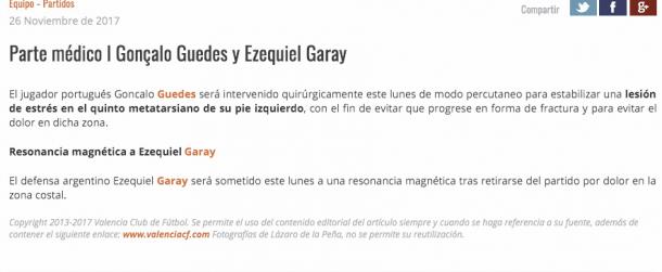 Comunicado de las lesiones de Garay y Guedes. Fuente: Valencia C.F