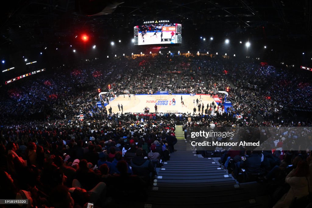 Overall view of the arena before the game on January 11, 2024 at Accor Arena in Paris, France. NOTE TO USER: User expressly acknowledges and agrees that, by downloading and/or using this photograph, User is consenting to the terms and conditions of the Getty Images License Agreement. Mandatory Copyright Notice: Copyright 2024 NBAE (Photo by Mansoor Ahmed/NBAE via Getty Images)