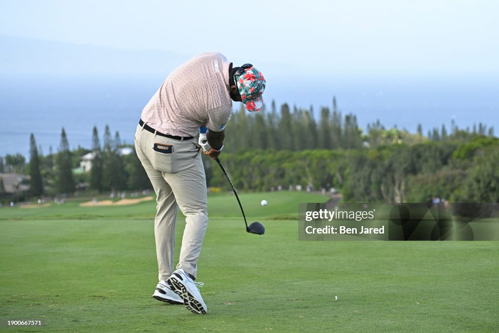 Sahith Theegala tees off on the 17th hole during the first round of The Sentry at The Plantation Course at Kapalua on January 4, 2024 in Kapalua, Maui, Hawaii. (Photo by Ben Jared/PGA TOUR via Getty Images)