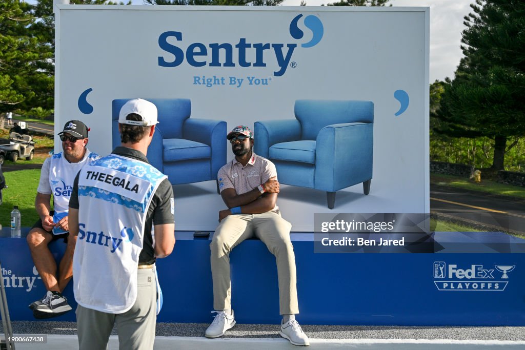 Sahith Theegala waits to play on the 18th tee box during the first round of The Sentry at The Plantation Course at Kapalua on January 4, 2024 in Kapalua, Maui, Hawaii. (Photo by Ben Jared/PGA TOUR via Getty Images)