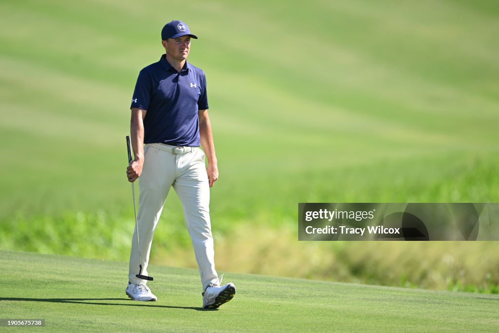 Jordan Spieth walks up to the 18th green during the third round of The Sentry at The Plantation Course at Kapalua on January 6, 2024 in Kapalua, Maui, Hawaii. (Photo by Tracy Wilcox/PGA TOUR via Getty Images)