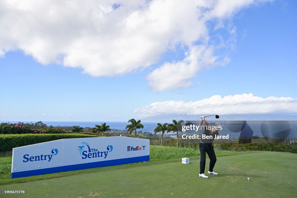 Patrick Cantlay swings over his ball on the 17th tee box during the third round of The Sentry at The Plantation Course at Kapalua on January 6, 2024 in Kapalua, Maui, Hawaii. (Photo by Ben Jared/PGA TOUR via Getty Images)